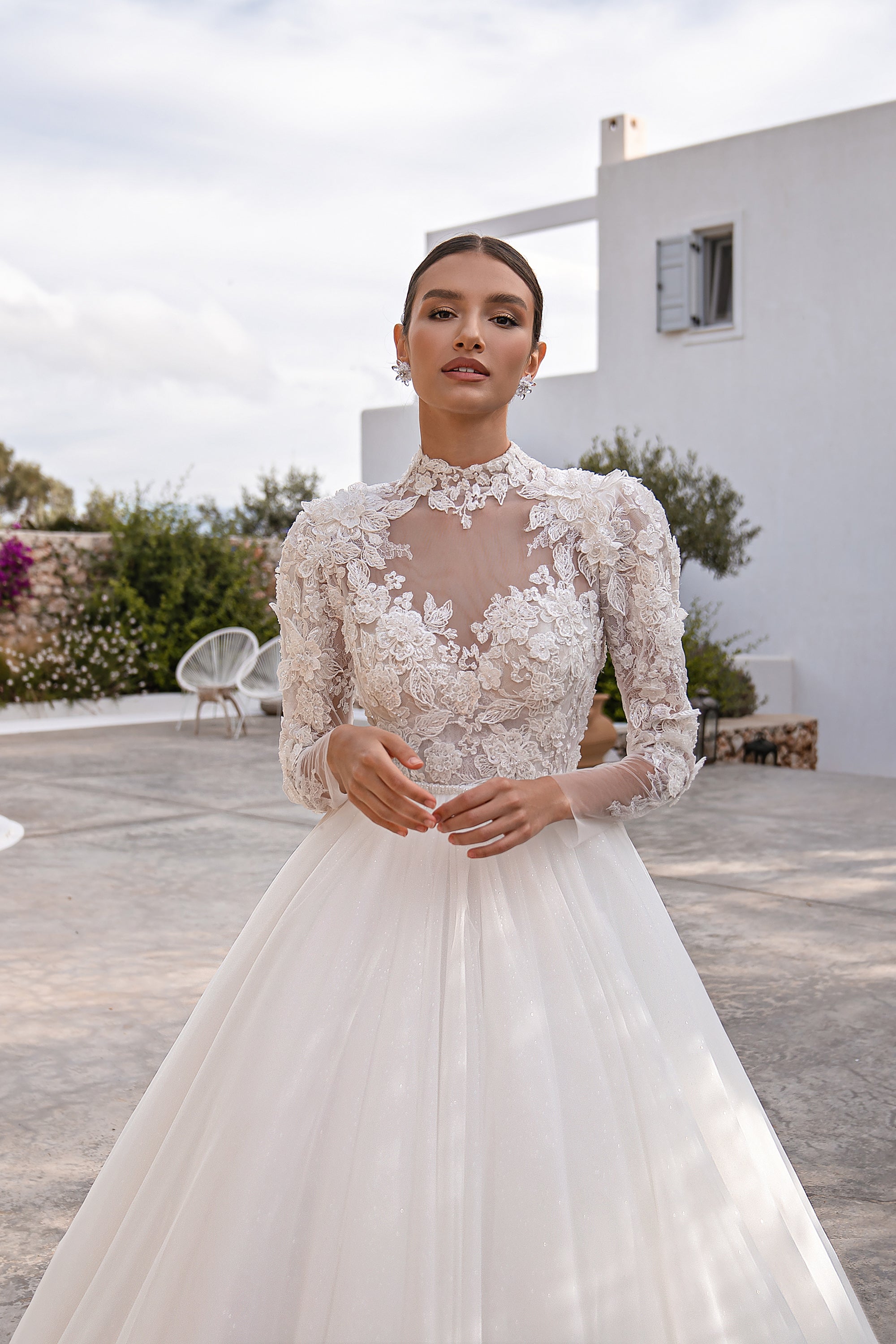 2-in-1 Lace Long Sleeve Ball Gown Wedding Dress with Satin Overskirt