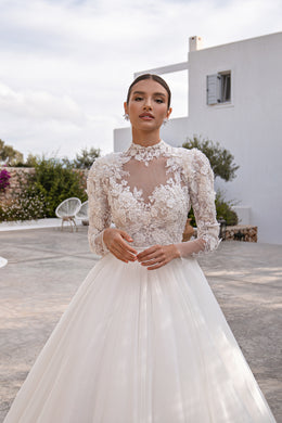 2-in-1 Lace Long Sleeve Ball Gown Wedding Dress with Satin Overskirt
