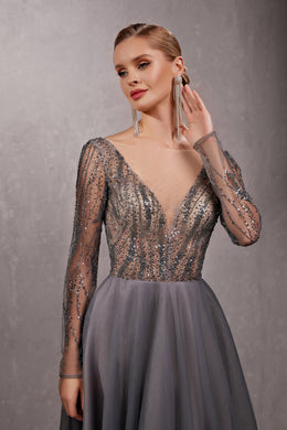 Women's Special Occasion Dress - Deep V-Neck, Long Sleeves, Sequins, Smoky Color
