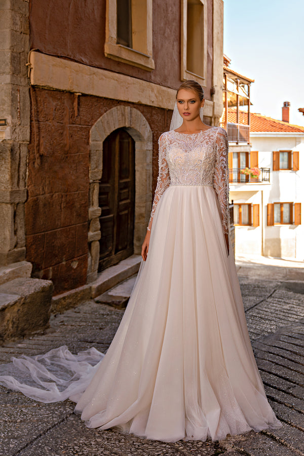 Romantic "A" Silhouette Wedding Dress with Long Sleeves, Glittering Skirt, and Hand-Sewn Beaded Belt