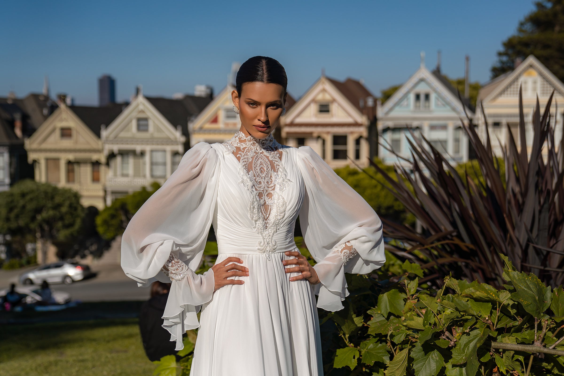 A-Line Wedding Dress with High Neck Lace Bodice