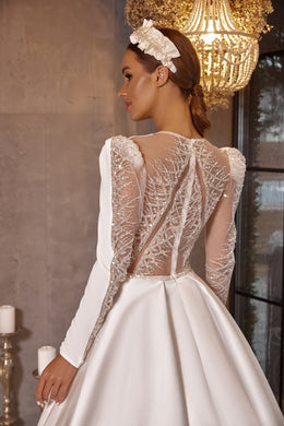 A-Line Satin Wedding Dress with Beading and Crystals Embellished Bodice, Long Sleeves, High Neck, Cathedral Train