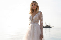 A-Line Tulle Wedding Dress with Long Lace Sleeves and Slit