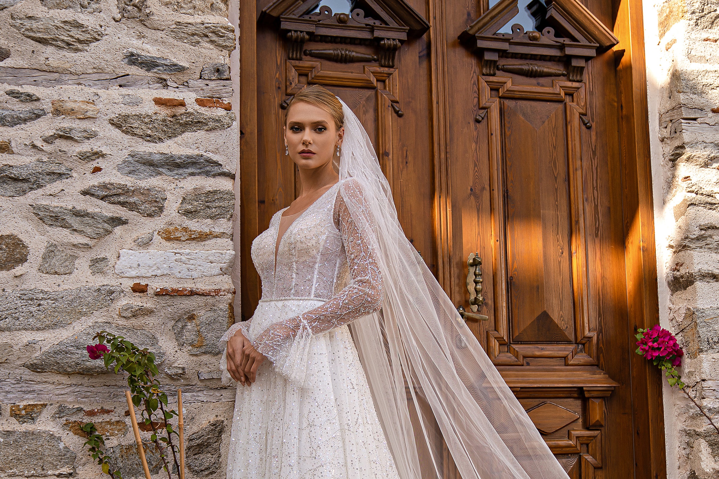 Exquisite A-Line Dress with Embroidered Guipure, Beads, Sequins, V-Neck Bodice, Hidden Lacing, Ruffled Sleeves, and Narrow Beaded Belt