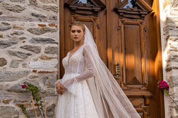 Exquisite A-Line Dress with Embroidered Guipure, Beads, Sequins, V-Neck Bodice, Hidden Lacing, Ruffled Sleeves, and Narrow Beaded Belt
