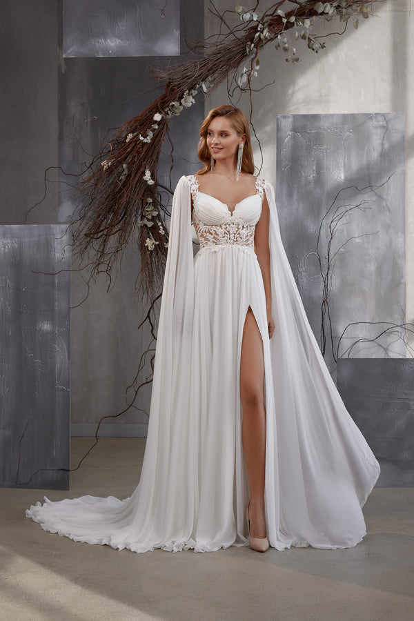 Classic A-Line Wedding Dress with Train, Light Translucent Multi-Chiffon Fabric, Figure Neckline, Pleat Drapery, Slit at Leg, Guipure Embellished with Beads and Sequins