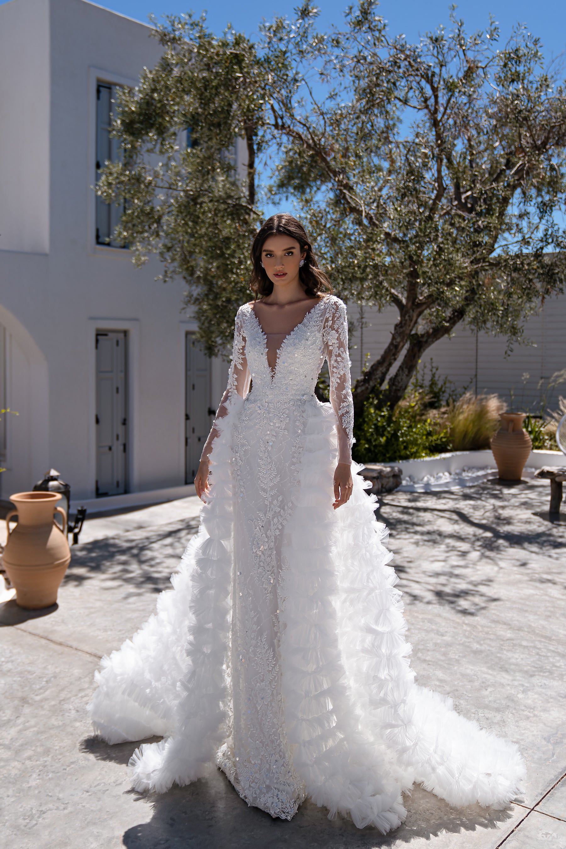 2-in-1 Lace Sheath Wedding Dress with Ruffled Overskirt
