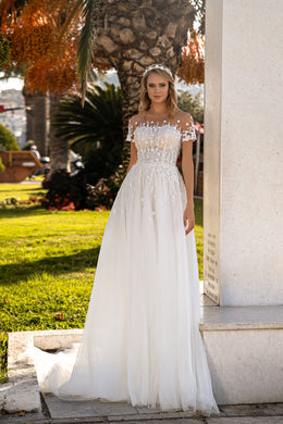 Romantic A-Line Wedding Dress with Glittery Corset, Floral Appliqués, and Train