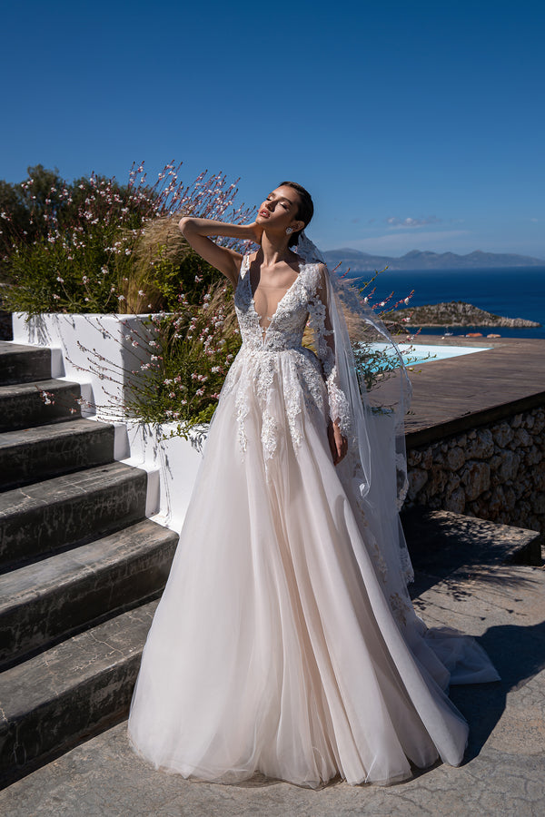 Beautiful Wedding Dress with Decorated Straps, Soft Skirt & Train, Deep V-Neckline, Velvet Ribbon, Chantelle Guipure, Appliqués, Sequins, Beads & Pearls