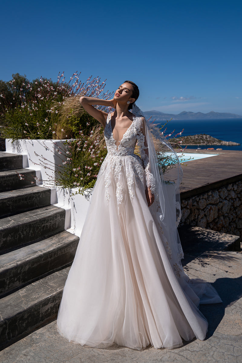 Floral Lace A-Line Wedding Dress with Plunging V-Neck and Open Back