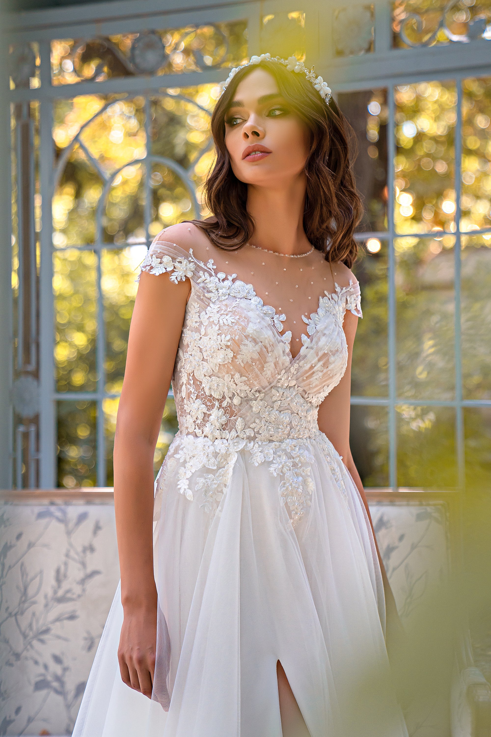 Romantic A-Line Wedding Dress with Graceful Slit, Translucent Corset, Elegant Drapery, Appliqués, Embroidered Pearls, Beads, Sequins, and Crystals, Fluffy Skirt