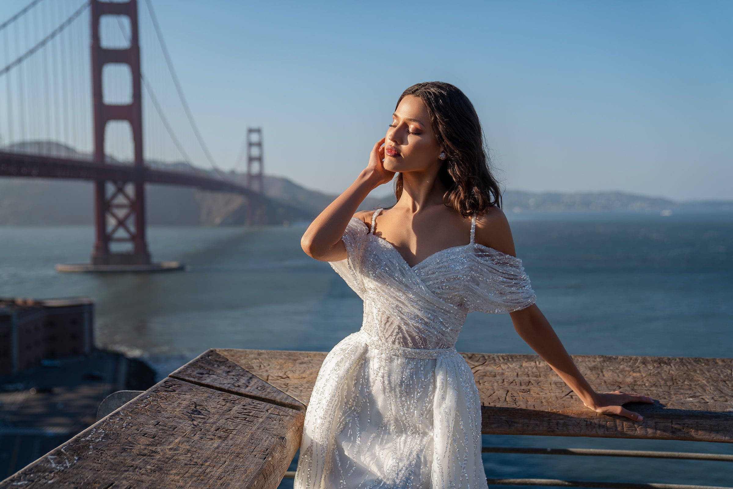 Sheath Wedding Dress with Off-the-Shoulder Draped Bodice