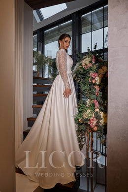 A-Line Satin Wedding Dress, Square Neck, Sleeveless, Flattering Waist, Full Skirt, Minimalist Bridal Couture