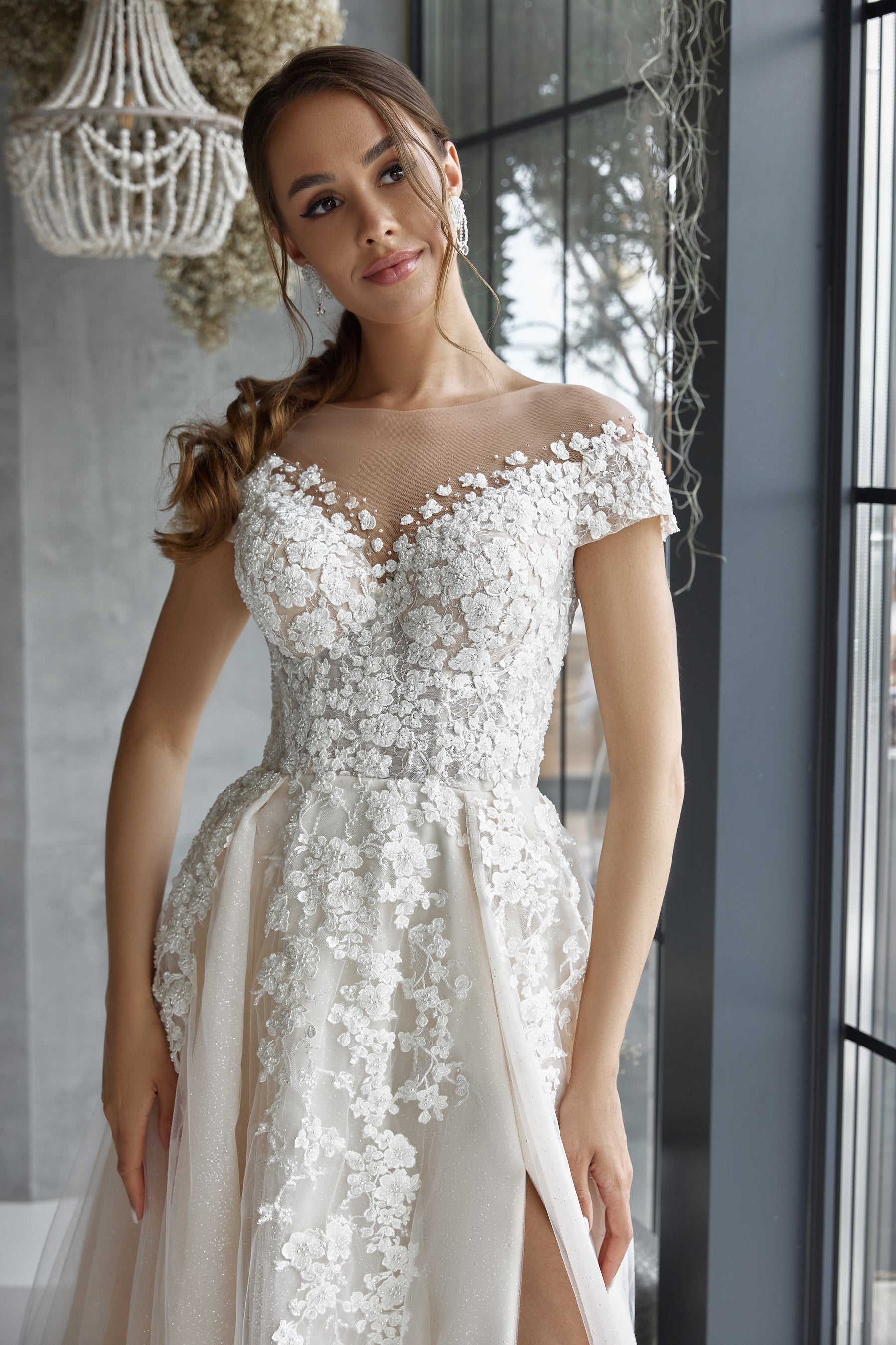 Romantic A-Line Wedding Dress With Lace Appliqués And Beading On Bodice, Off-The-Shoulder Neckline, Tulle Skirt And Cathedral Train