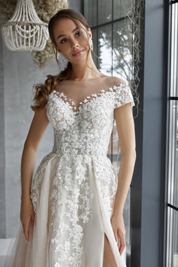 Romantic A-Line Wedding Dress With Lace Appliqués And Beading On Bodice, Off-The-Shoulder Neckline, Tulle Skirt And Cathedral Train