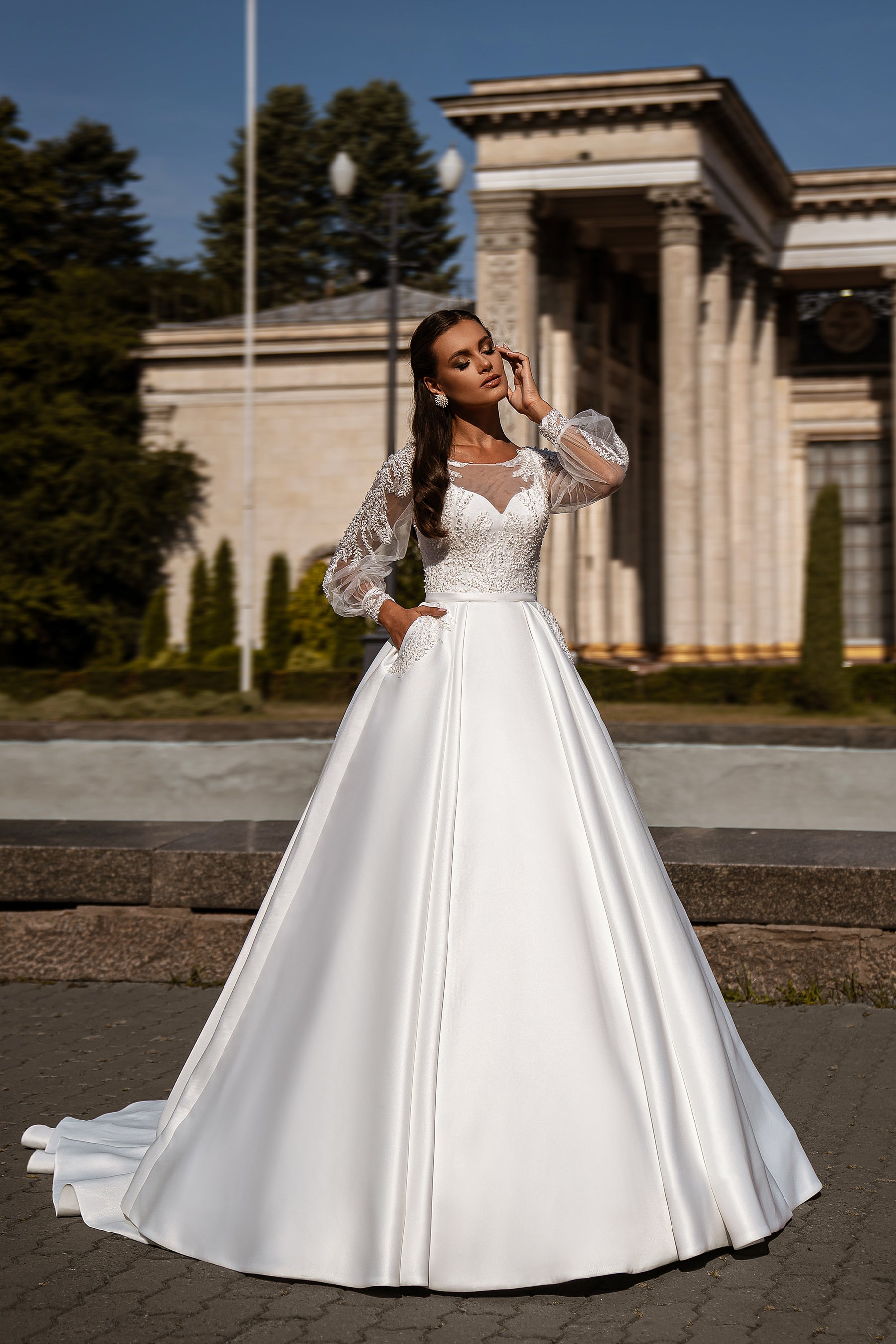 Mikado Ball Gown Wedding Dress with Detachable Lace Bolero and Pockets