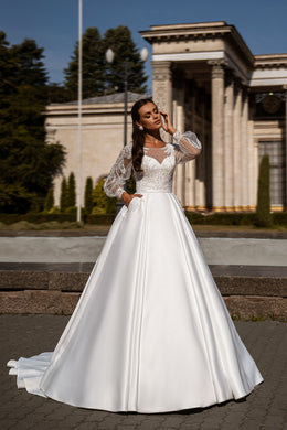 Mikado Ball Gown Wedding Dress with Detachable Lace Bolero and Pockets