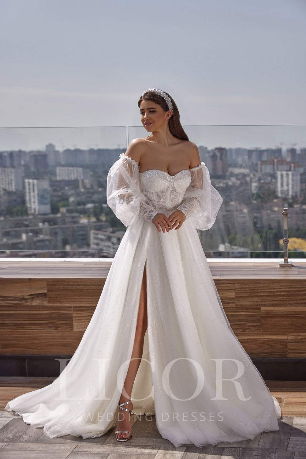 Romantic A-Line Wedding Dress With Sparkle Tulle, Beaded Bodice, Off-the-Shoulder Neckline, Sheer Puff Sleeves, Cathedral Train