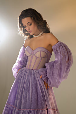 Women's Boho Evening Dress with Detachable Sleeves - Translucent Dotted Tulle Fabric