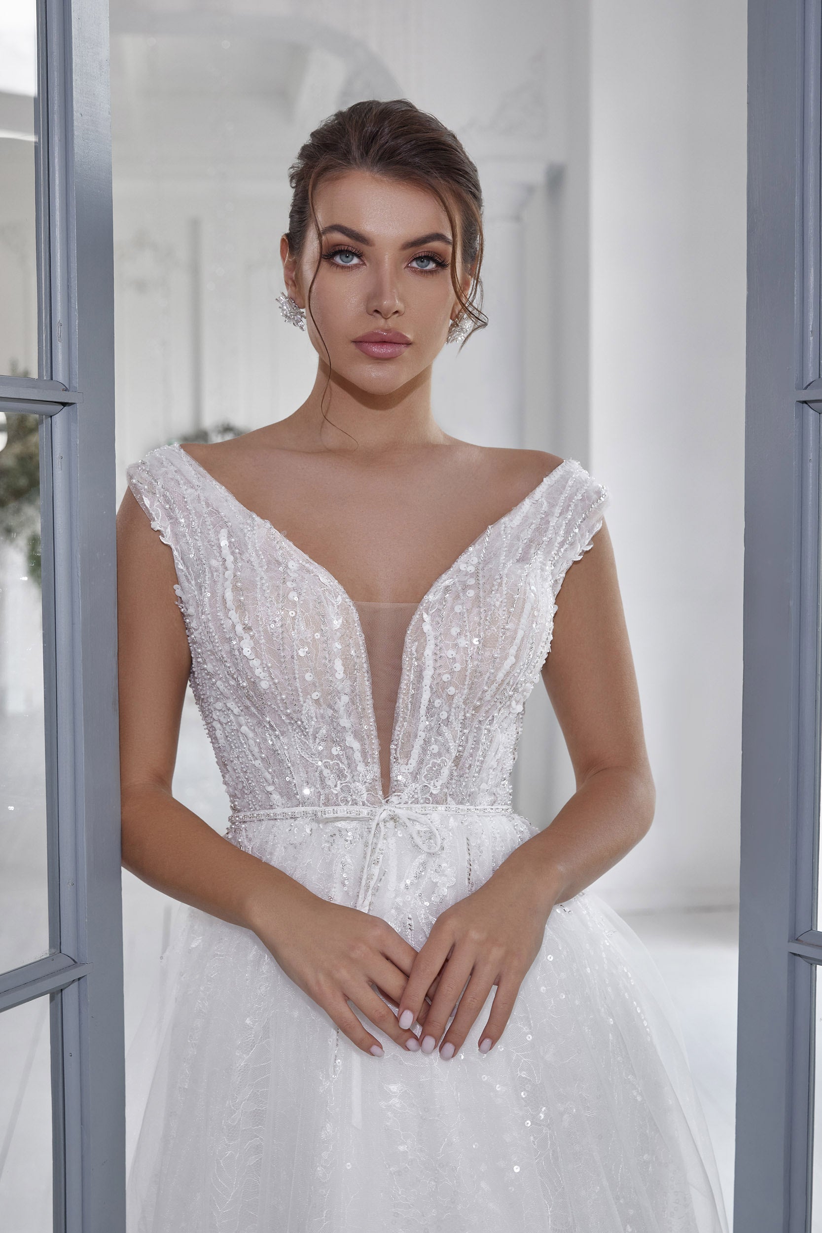 Sparkly A-Line Wedding Dress with Illusion V-Neckline