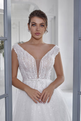 Sparkly A-Line Wedding Dress with Illusion V-Neckline