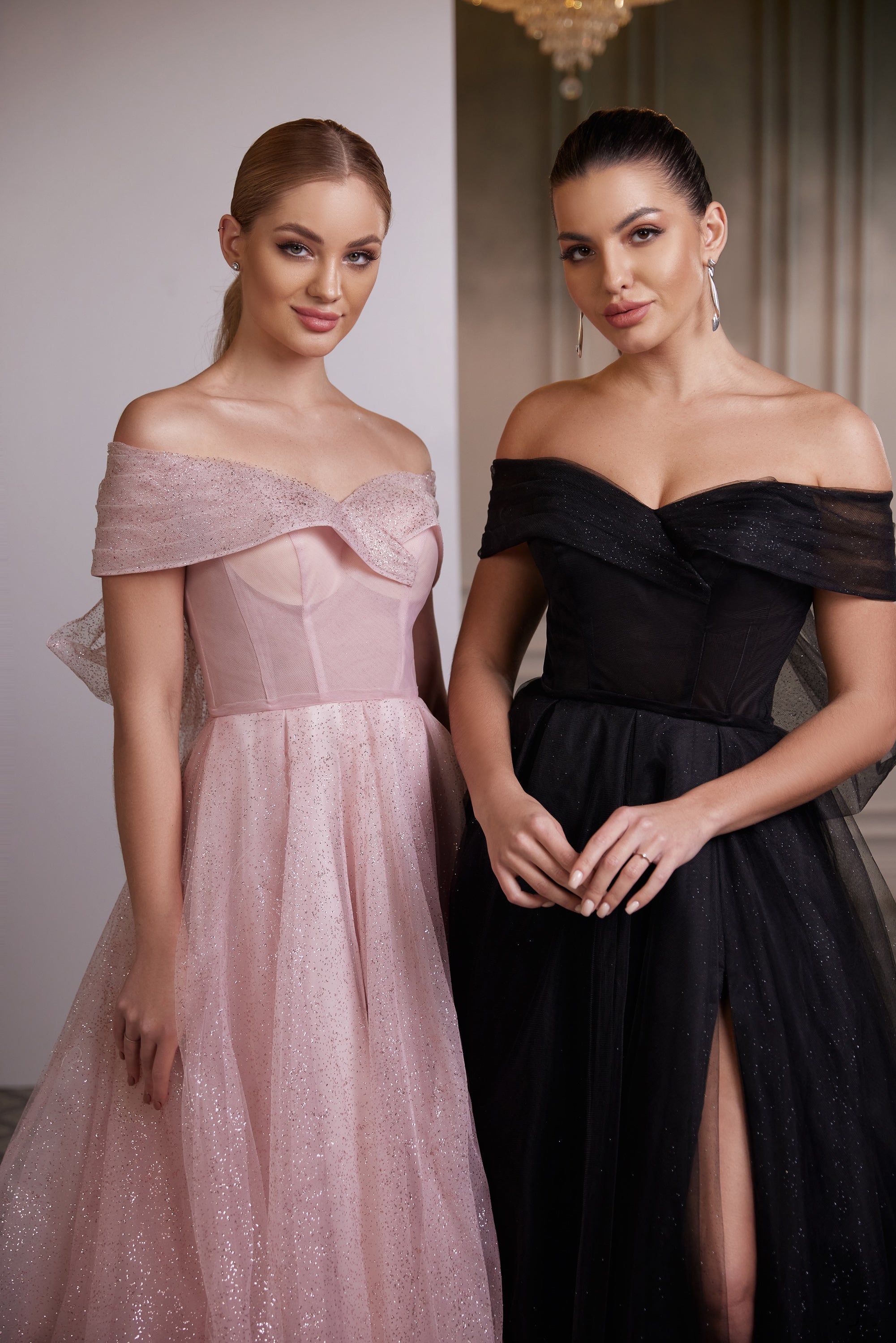 Off-Shoulder Prom Dress with Glitter Fabric and Bow Back