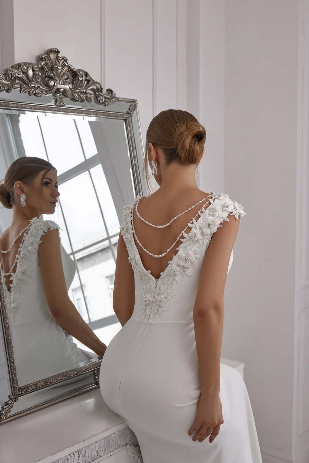 Sheath Wedding Dress With Lace Appliqués, Cap Sleeves, Crepe Fabric, Elegant Minimalist Silhouette, Chapel Train