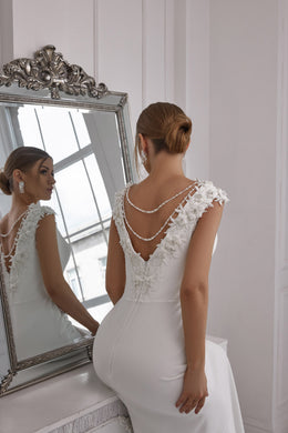 Crepe Sheath Wedding Dress with Pearl V-Back