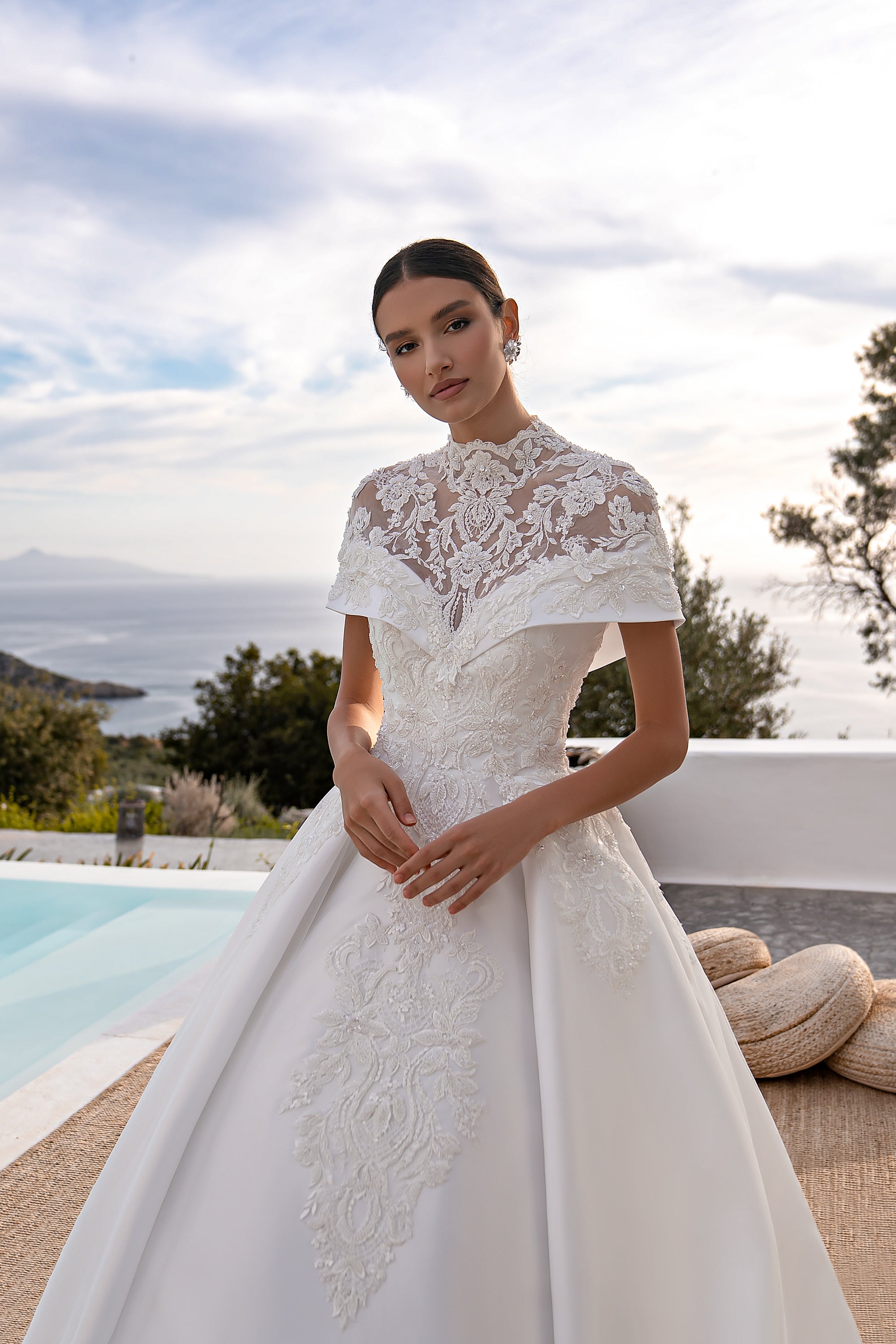 Princess Wedding Dress with Detachable Top, Guipure Collar, Soft Fabric Skirt & Long Train Embellished with Beads, Pearls, Crystals & Sequins