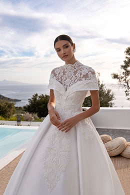 Princess Wedding Dress with Detachable Top, Guipure Collar, Soft Fabric Skirt & Long Train Embellished with Beads, Pearls, Crystals & Sequins