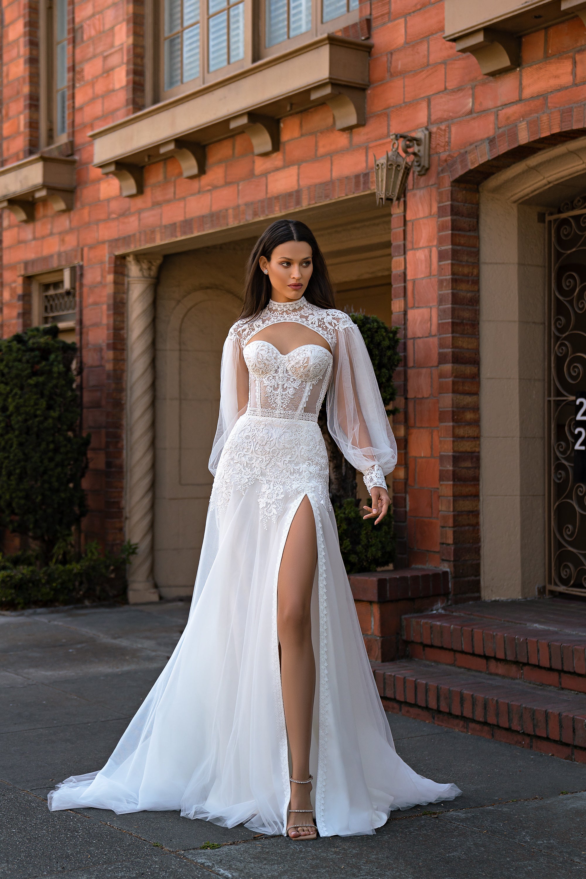 A-Line Wedding Dress with Lace Bolero and Slit