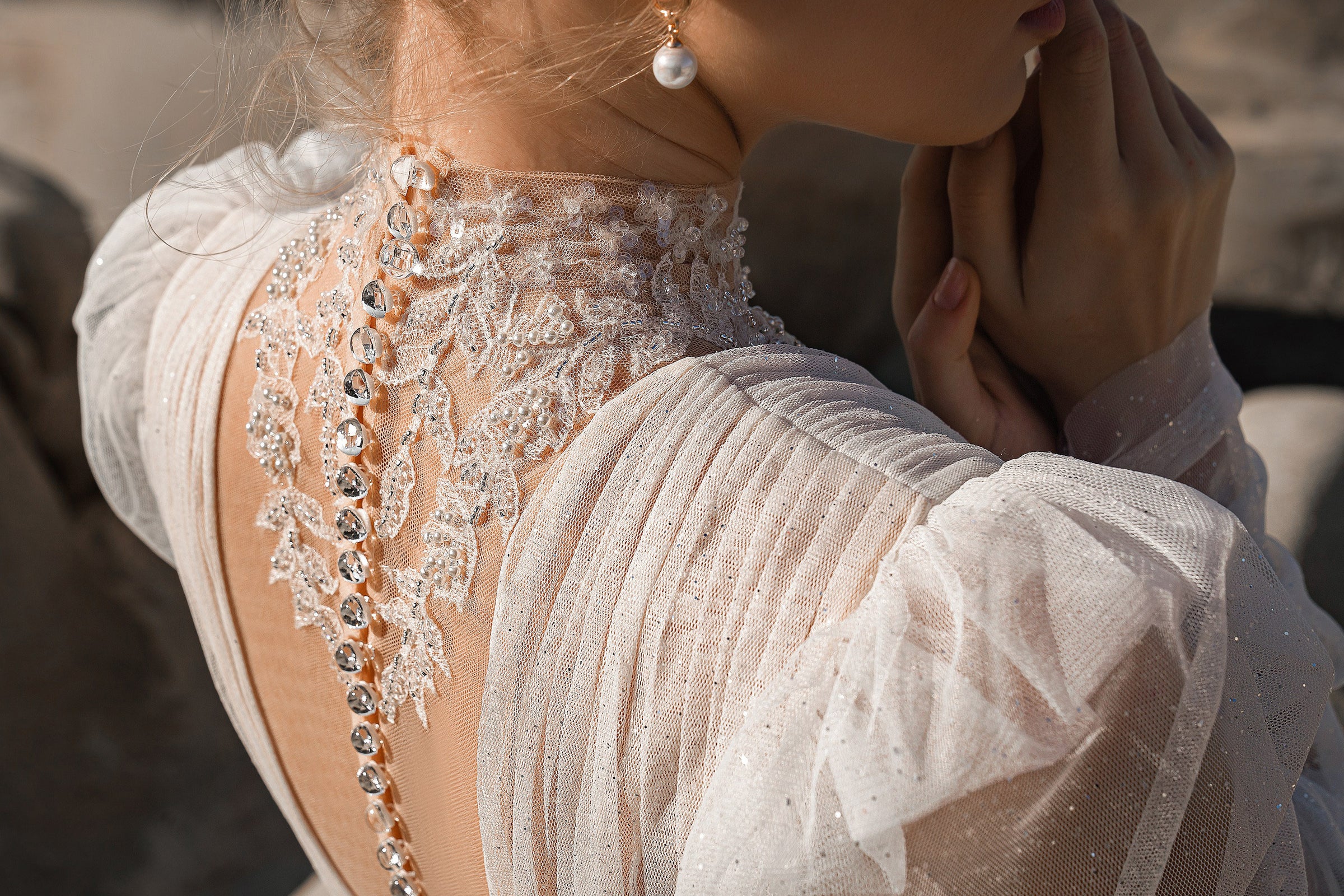 Sparkly A-Line Wedding Dress with High Neck and Long Sleeves