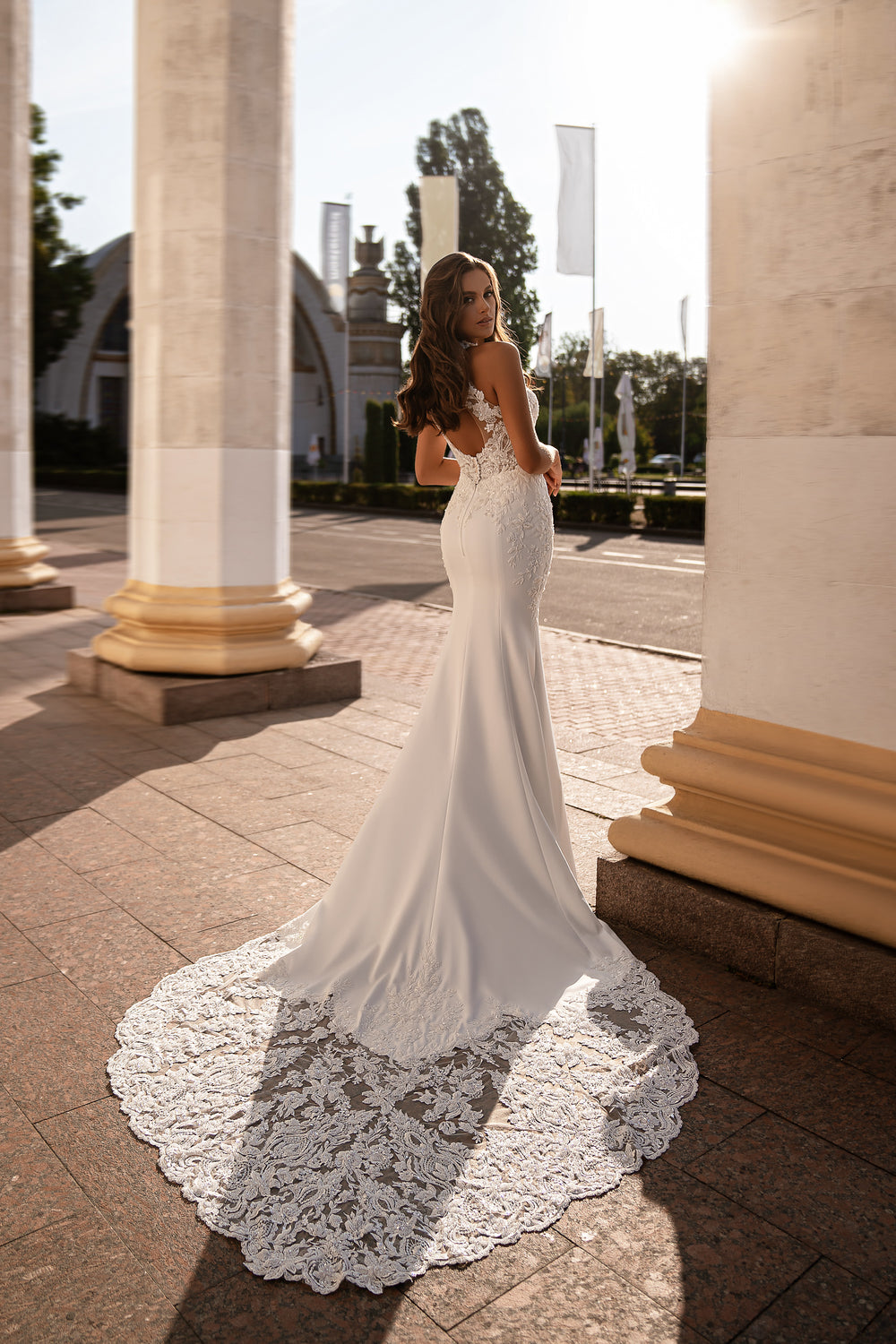 Luxurious Wedding Set - Mermaid Silhouette Gown with Removable Balloon Sleeves, Halter Neckline, Guipure Embroidery & Beads, Sequins & Crystals, Tulle Train
