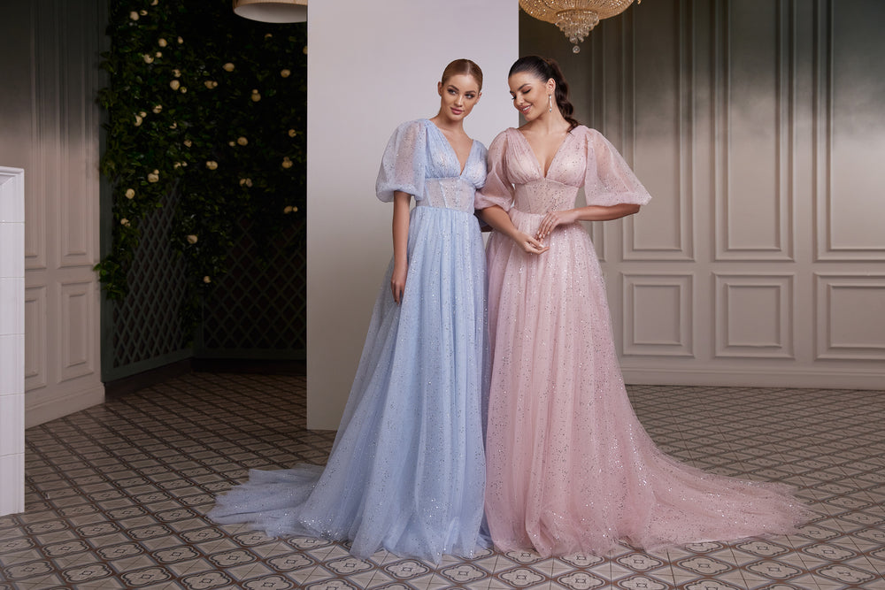 Women's Tulle Dress with Sequins Decoration and Lacing Back