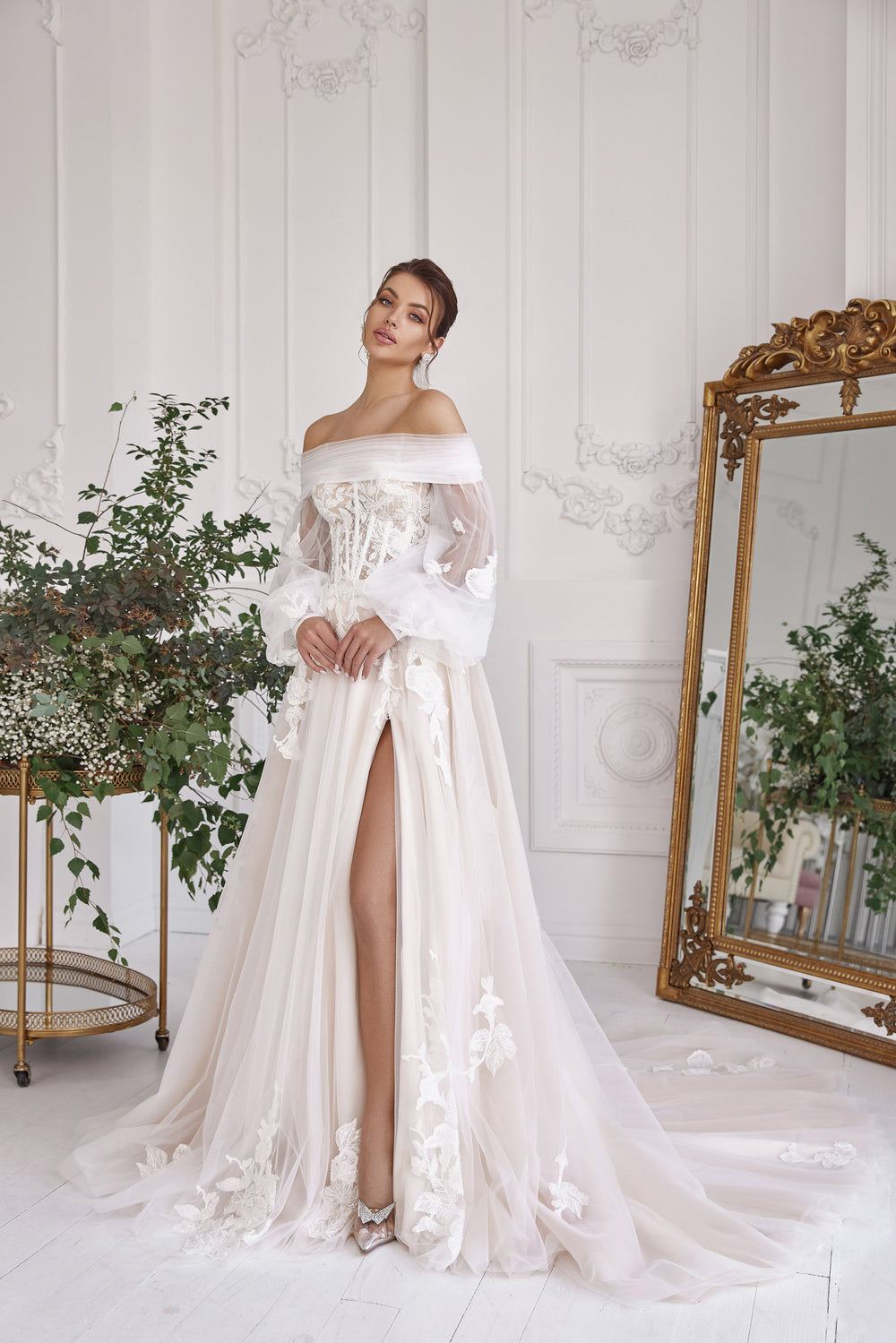 A-Line Wedding Dress with Detachable Bishop Sleeves