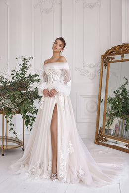 A-Line Wedding Dress with Detachable Bishop Sleeves