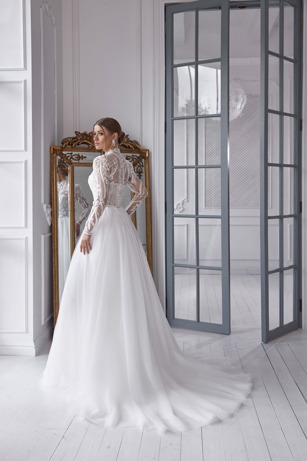 Ball Gown with Floral Lace Appliqués, Illusion High-Neck Lace Bodice, Long Sleeves, Tulle Skirt and Cathedral Train