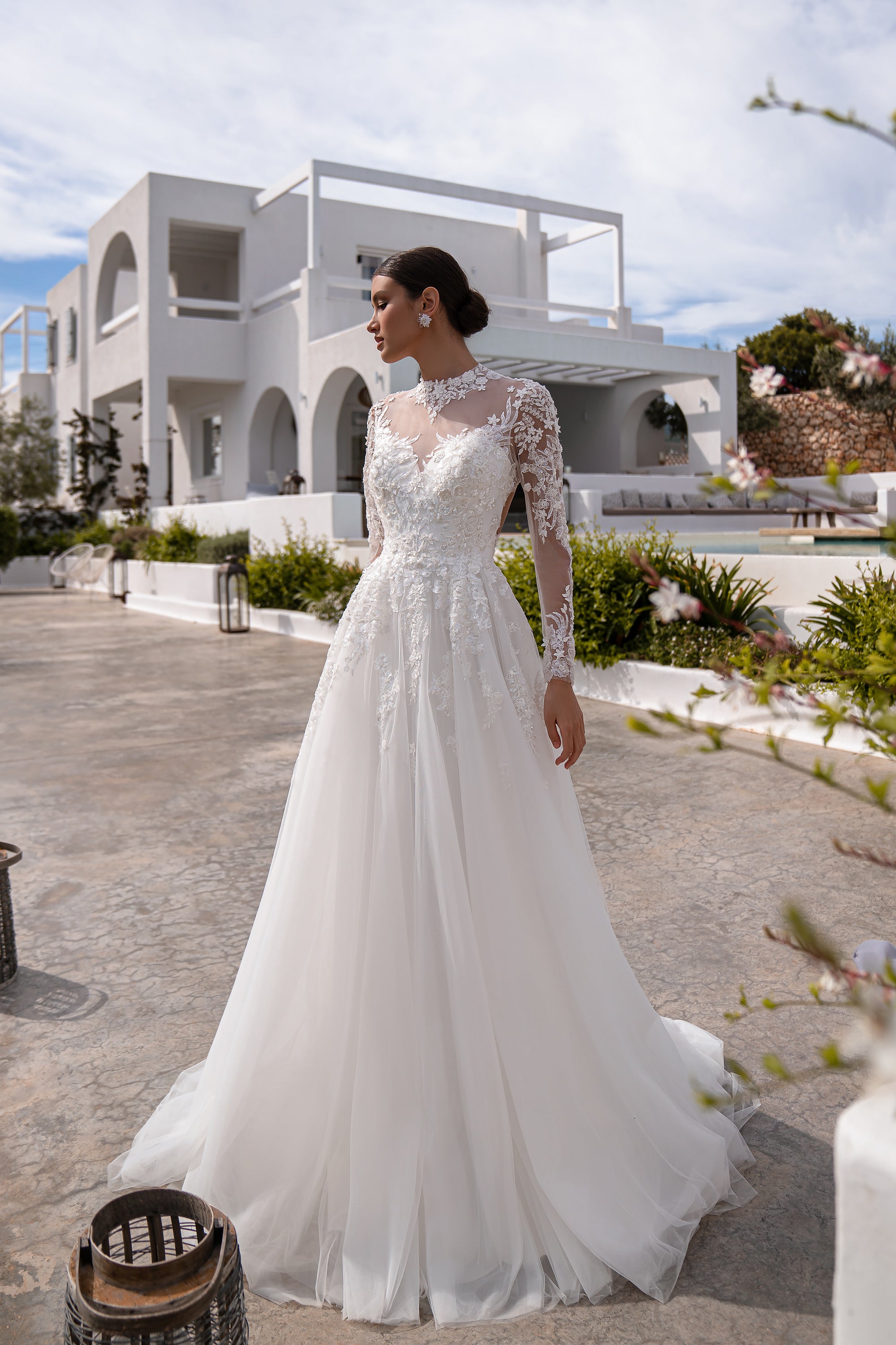 A-Line Wedding Dress with High Neck and Floral Lace