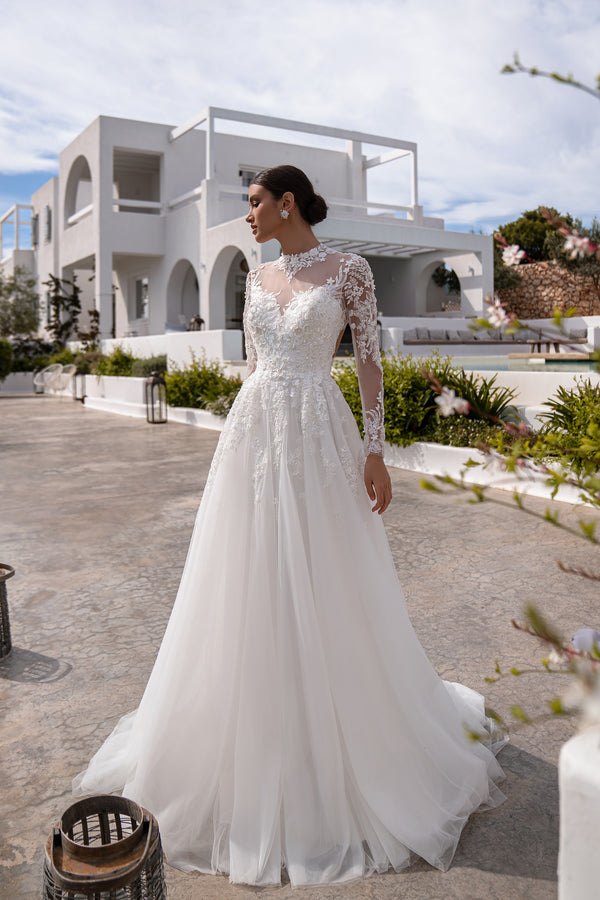 Gorgeous Airy Wedding Dress with Long Decorated Sleeves and Unusual Back Cut - Embroidered with Beads, Sequins and Small Flowers