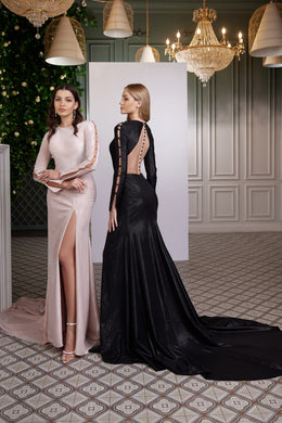 Elegant Evening Dress with Slit Skirt, Fit-and-Flare Silhouette, and Long Sleeves