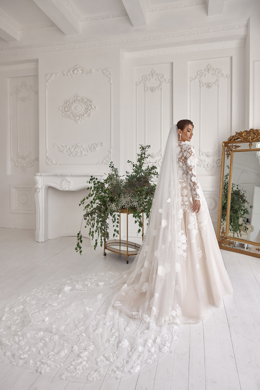 A-Line Wedding Dress with High Neck and 3D Floral Appliqués