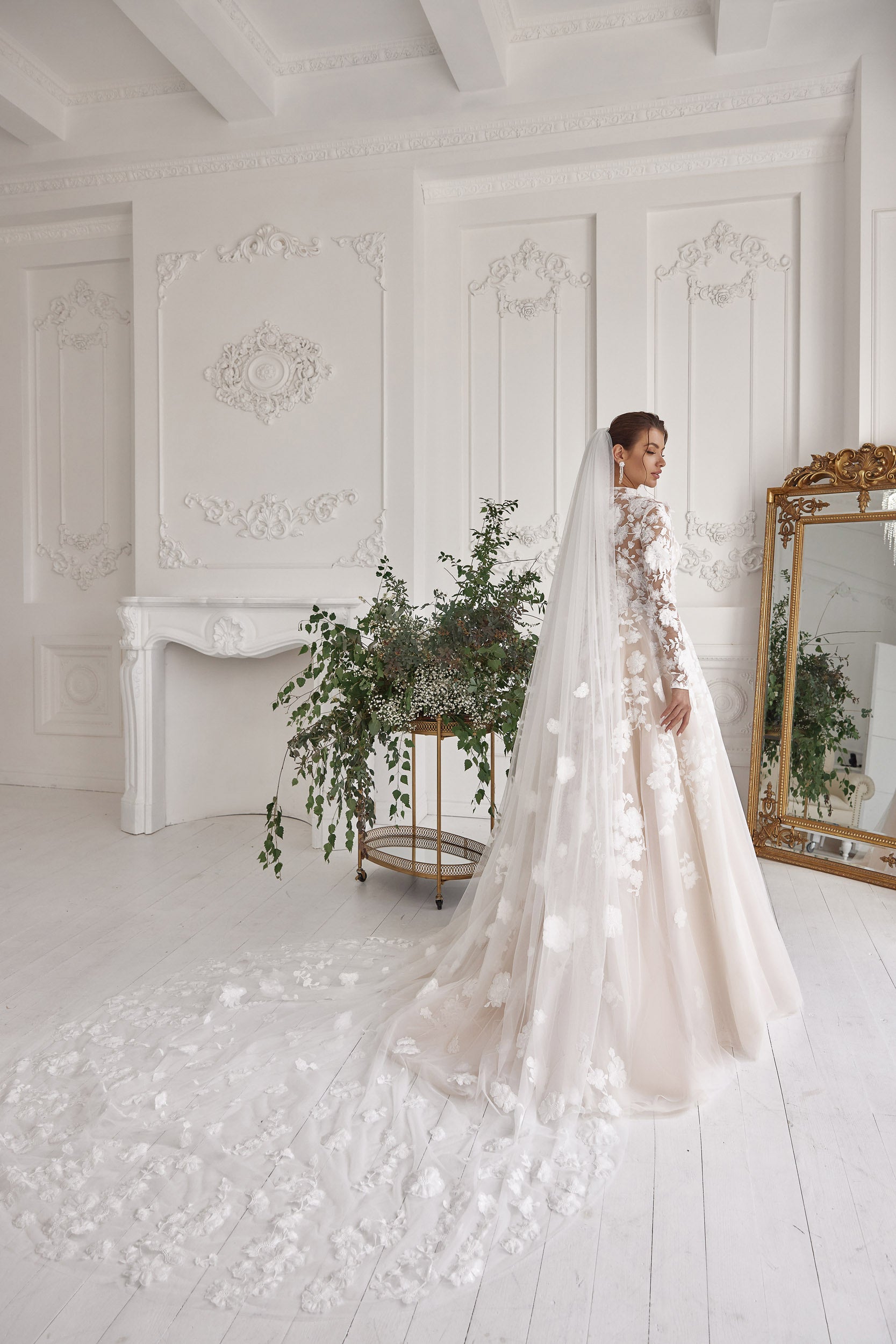 A-Line Wedding Dress with High Neck and 3D Floral Appliqués