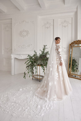 A-Line Wedding Dress with High Neck and 3D Floral Appliqués