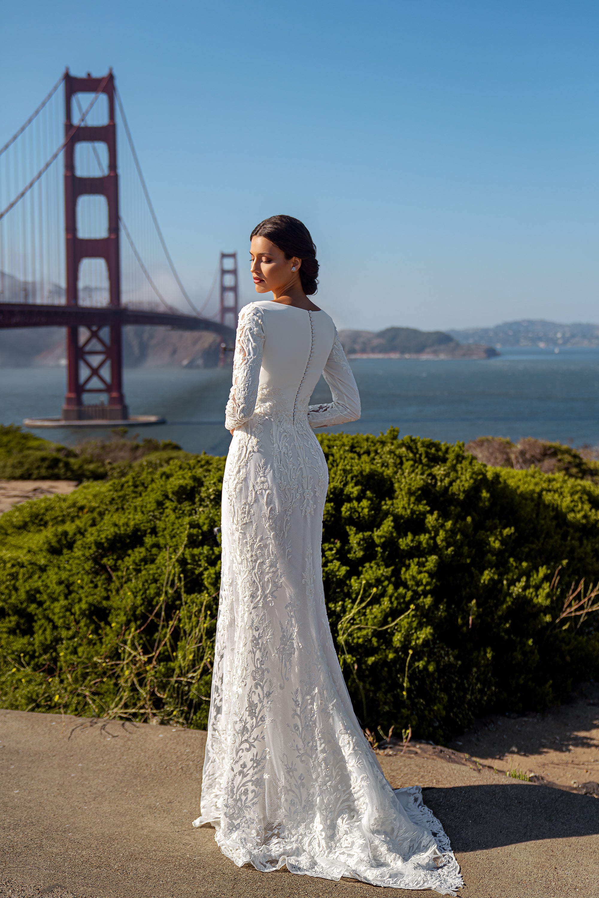 Sheath Wedding Dress with Long Lace Sleeves and Detachable Overskirt