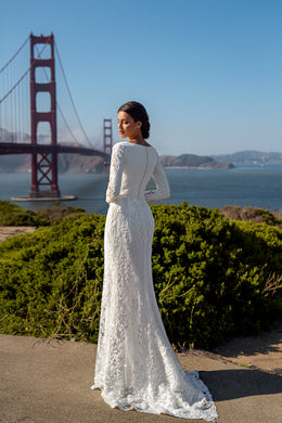 Sheath Wedding Dress with Long Lace Sleeves and Detachable Overskirt