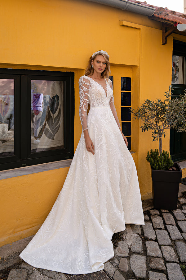 Elegant Extravagant Wedding Dress with Guipure, Sequins, Embroidered Appliqués, Beads, Pearls, Crystals, and Buttons