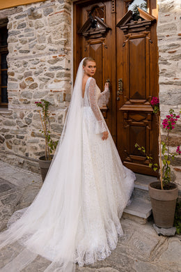 Exquisite A-Line Dress with Embroidered Guipure, Beads, Sequins, V-Neck Bodice, Hidden Lacing, Ruffled Sleeves, and Narrow Beaded Belt
