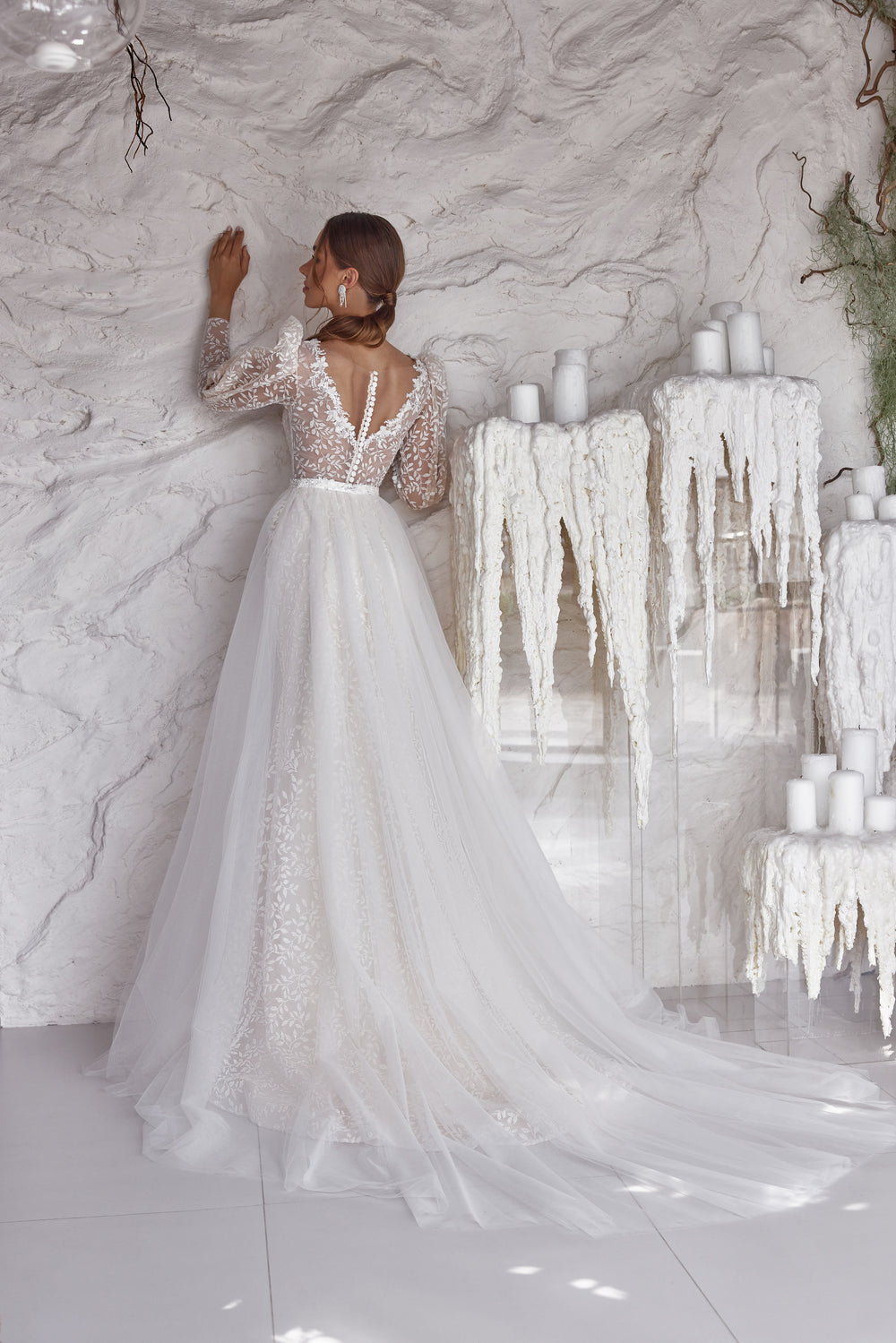 Romantic Mermaid Wedding Dress With Floral Lace Appliqués, Deep V-Neck Illusion, Long Lace Sleeves, Lace Overlay, Sweep Train
