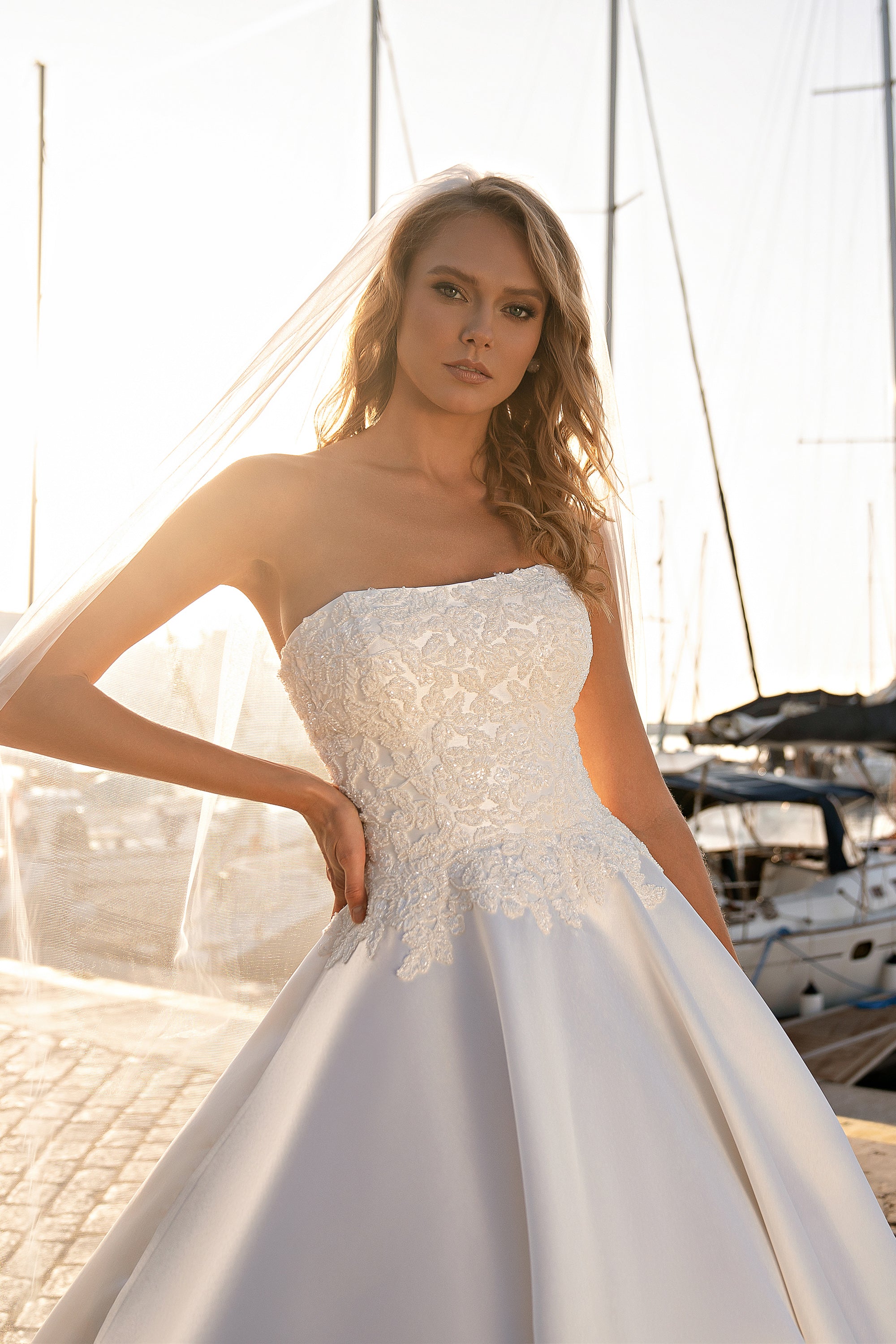 Effortless Elegance: Glittery Mikado Wedding Dress with Embroidered Beaded Guipure and Sequins Floral Pattern