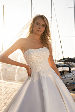 Effortless Elegance: Glittery Mikado Wedding Dress with Embroidered Beaded Guipure and Sequins Floral Pattern